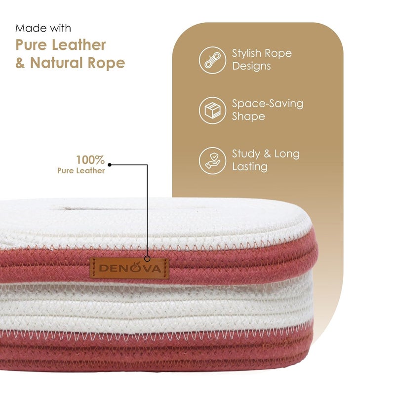 DENOVA Cotton Tissue Box Cover – Handcrafted Fabric Tissue Case – Soft Rope Tissue Holder for Car, Home, Office, Eco-Friendly Decor (Oval, White and Rust) - Image 2