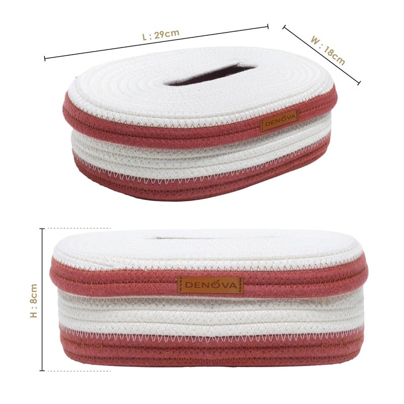 DENOVA Cotton Tissue Box Cover – Handcrafted Fabric Tissue Case – Soft Rope Tissue Holder for Car, Home, Office, Eco-Friendly Decor (Oval, White and Rust) - Image 3