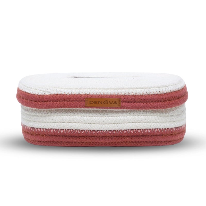 DENOVA Cotton Tissue Box Cover – Handcrafted Fabric Tissue Case – Soft Rope Tissue Holder for Car, Home, Office, Eco-Friendly Decor (Oval, White and Rust) - Image 4