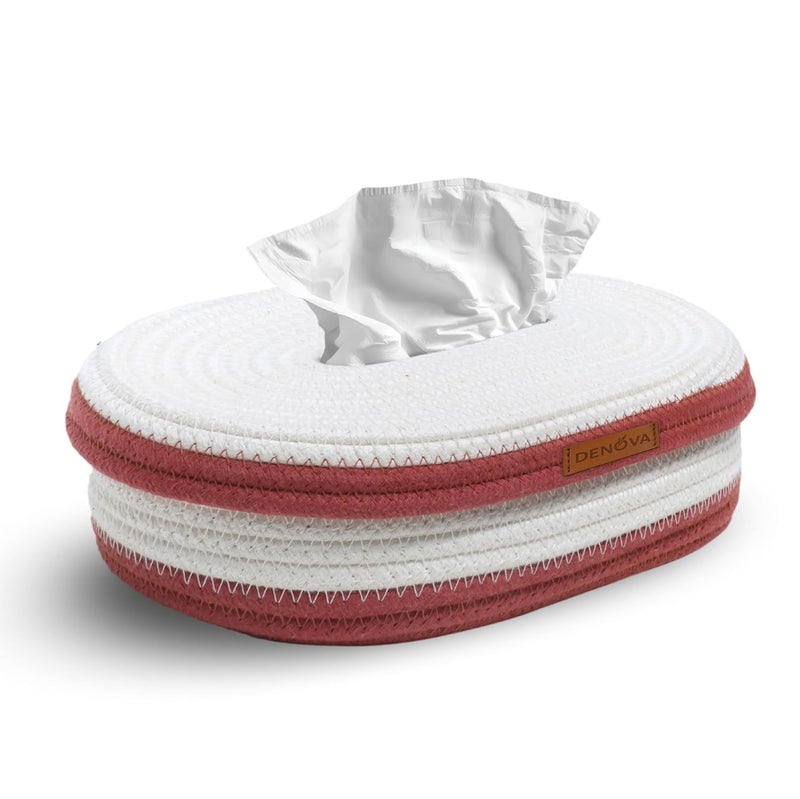 DENOVA Cotton Tissue Box Cover – Handcrafted Fabric Tissue Case – Soft Rope Tissue Holder for Car, Home, Office, Eco-Friendly Decor (Oval, White and Rust) - Image 1