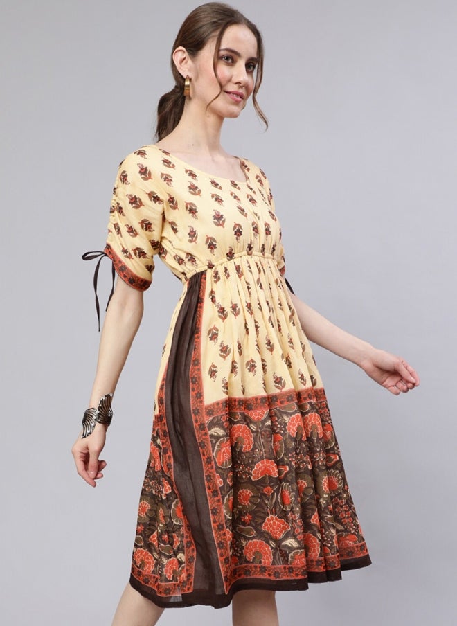 AKS Cream Ethnic Motifs Printed Cotton Dress for Women - Image 3