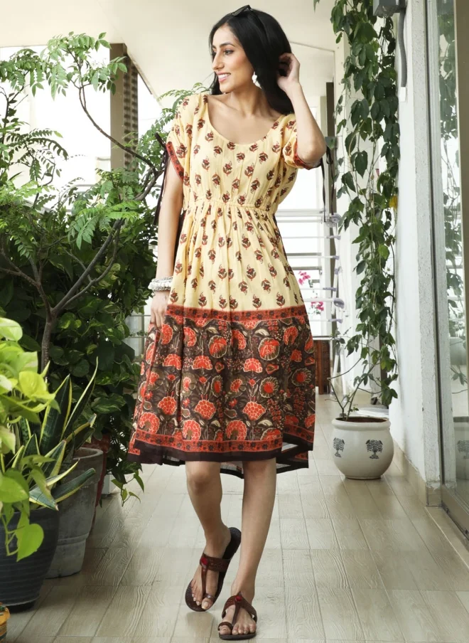 أيه كيه إس Cream Ethnic Motifs Printed Cotton Dress for Women