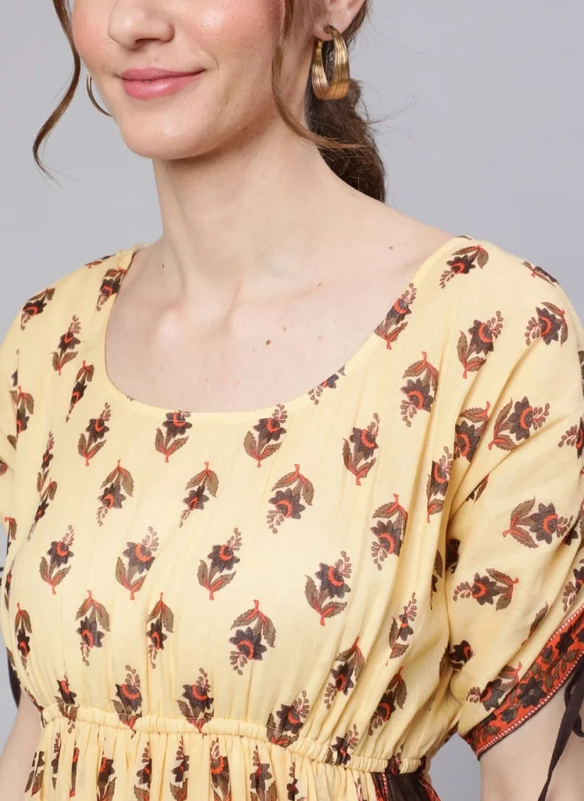 أيه كيه إس Cream Ethnic Motifs Printed Cotton Dress for Women