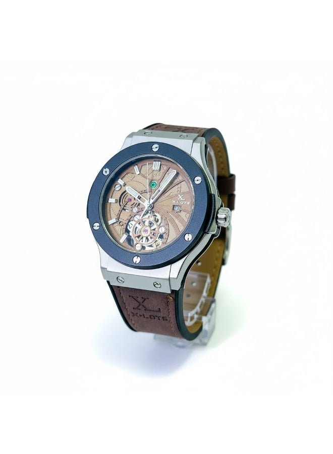 XLOTS IronX Skeleton Men’s Watch XLA21G Brown Dial Leather Strap Stainless Steel Case Analog Quartz Luxury Wristwatch - Image 2