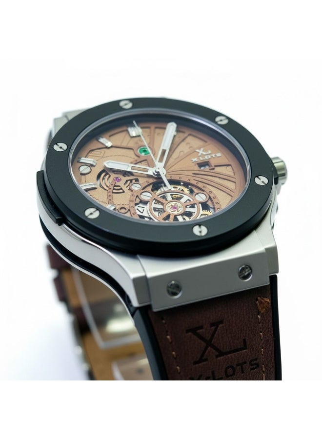 XLOTS IronX Skeleton Men’s Watch XLA21G Brown Dial Leather Strap Stainless Steel Case Analog Quartz Luxury Wristwatch - Image 3