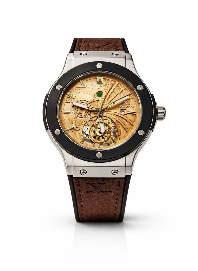 XLOTS IronX Skeleton Men’s Watch XLA21G Brown Dial Leather Strap Stainless Steel Case Analog Quartz Luxury Wristwatch - Image 1