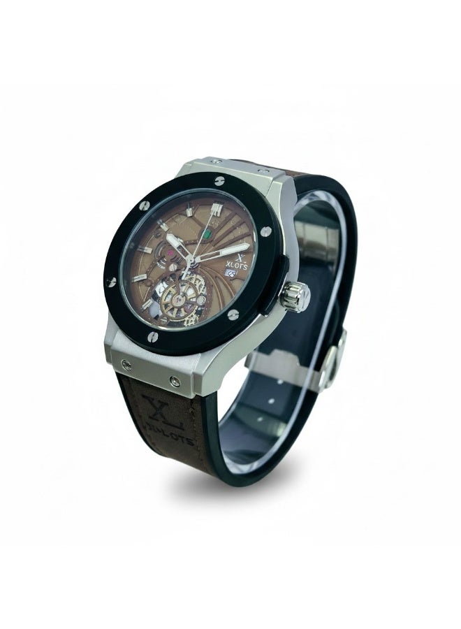 XLOTS IronX Skeleton Men’s Watch XLA21G Brown Dial Leather Strap Stainless Steel Case Analog Quartz Luxury Wristwatch - Image 4