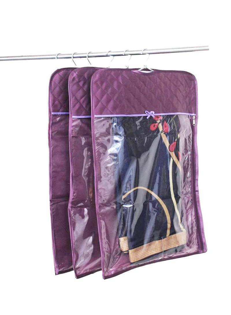 atorakushon® Satin Hanging Saree Cover Garments Wedding Wardrobe Organizer Purple (Pack of 3 Purple) - Image 4