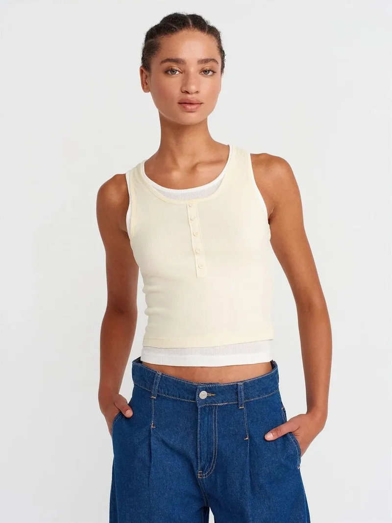 ديلفين Dilvin Cotton Ribbed Sleeveless Button Blouse