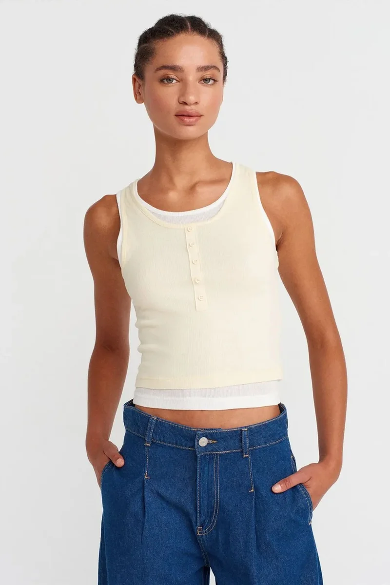 DILVIN Cotton Ribbed Sleeveless Button Blouse
