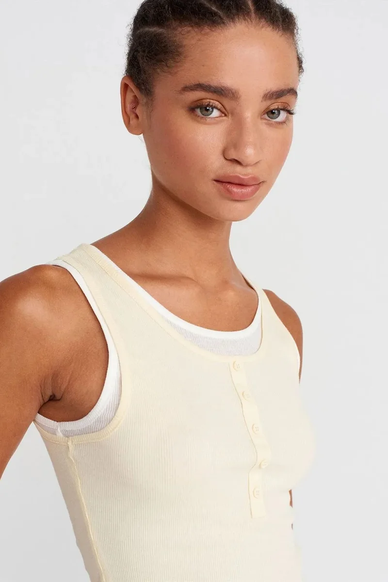 Dilvin Cream Natural DILVIN Cotton Ribbed Sleeveless Button Blouse for Women | Best Price UAE