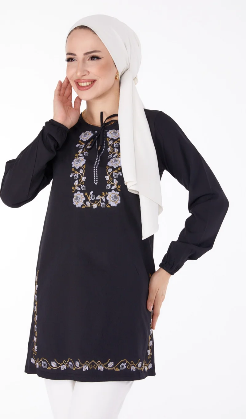 Tofisa Plain Tie Collar Women's Black Embroidered Tunic - 13185