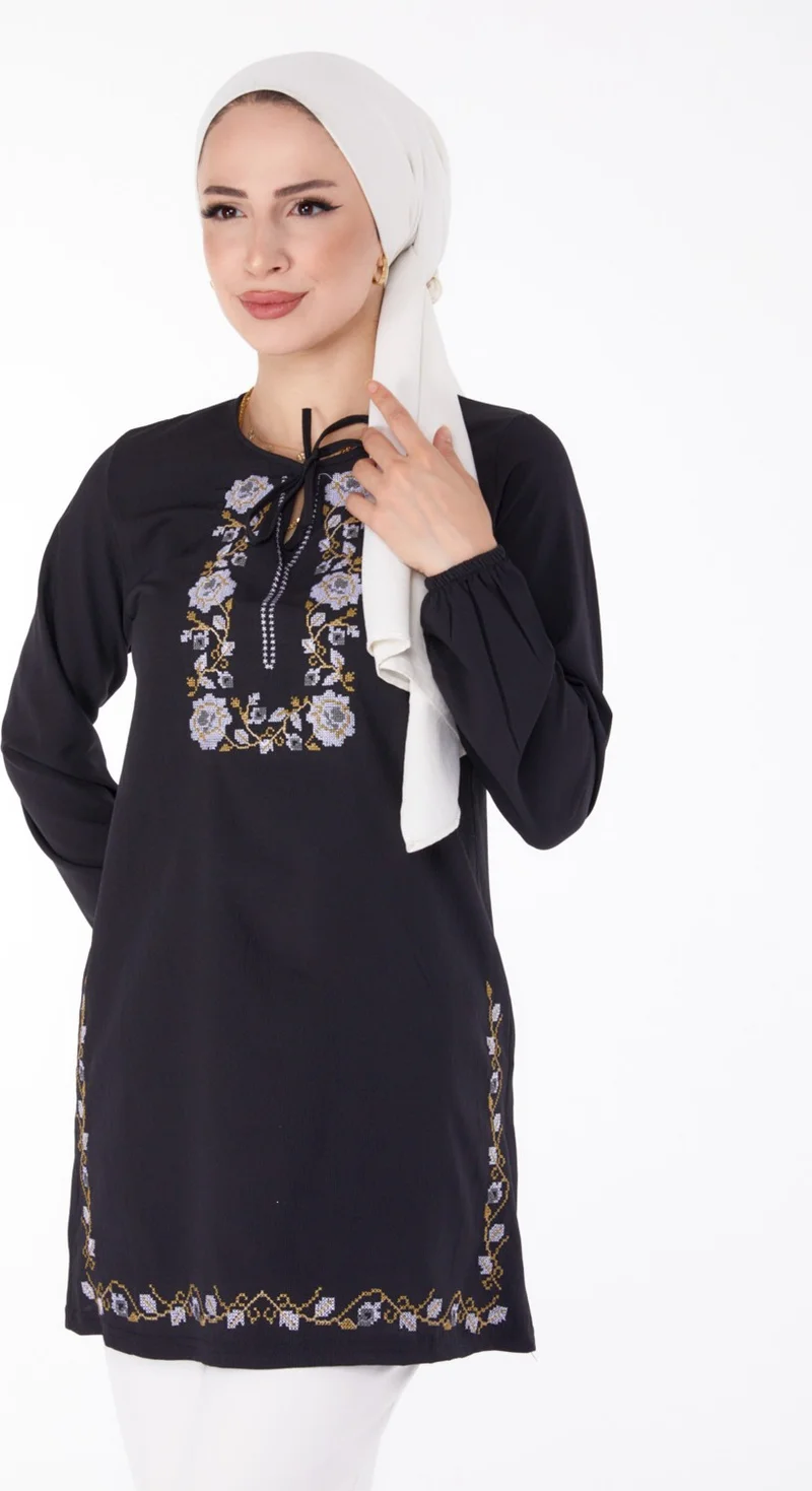 Tofisa Plain Tie Collar Women's Black Embroidered Tunic - 13185