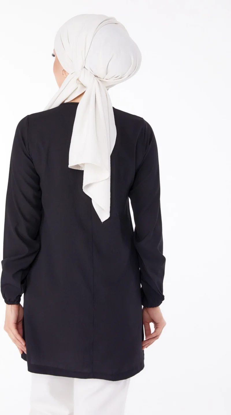 Tofisa Plain Tie Collar Women's Black Embroidered Tunic - 13185