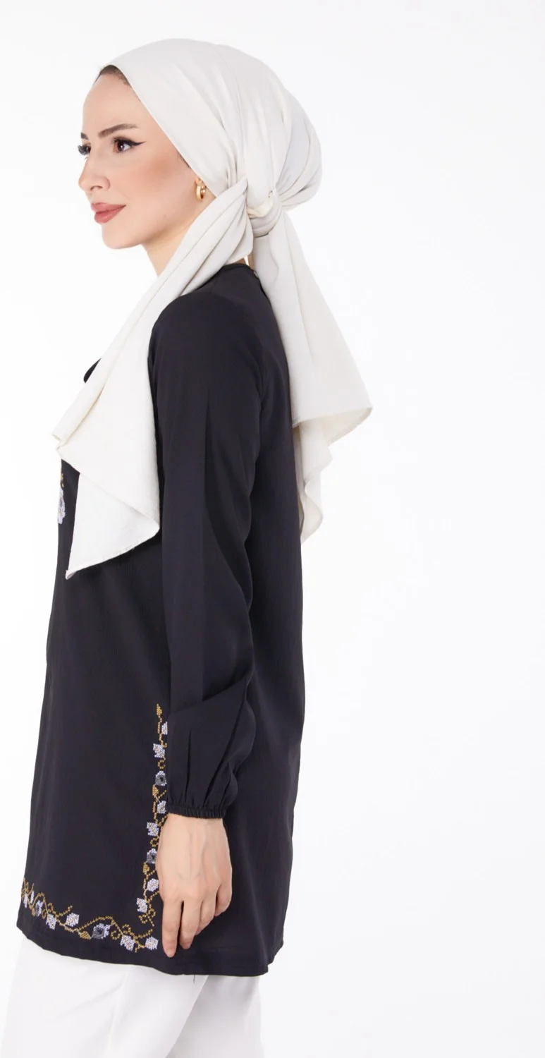 Tofisa Plain Tie Collar Women's Black Embroidered Tunic - 13185