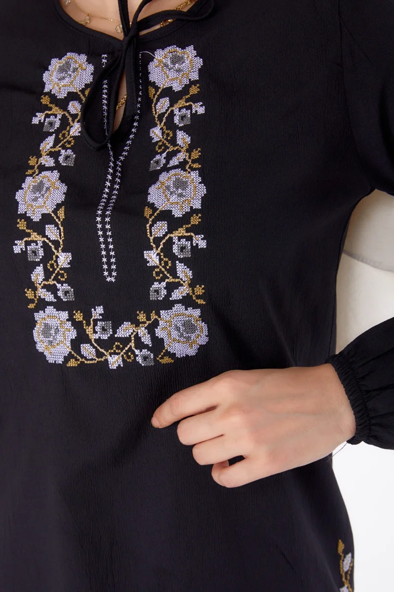 Tofisa Plain Tie Collar Women's Black Embroidered Tunic - 13185