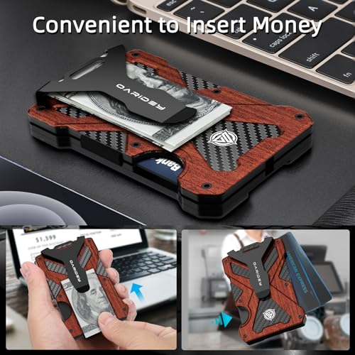 Oaridey Minimalist Wallet for Men- Slim Aluminum Metal Money Clip Wallet with Clear ID Card Holder, Carbon Fiber Wallet, RFID Blocking,Holds up 15 Cards with Cash Clip,Ultra-Thin Tactical Wallet - Rosewood - Image 5