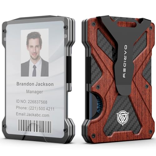 Oaridey Minimalist Wallet for Men- Slim Aluminum Metal Money Clip Wallet with Clear ID Card Holder, Carbon Fiber Wallet, RFID Blocking,Holds up 15 Cards with Cash Clip,Ultra-Thin Tactical Wallet - Rosewood - Image 1