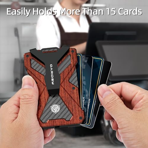 Oaridey Minimalist Wallet for Men- Slim Aluminum Metal Money Clip Wallet with Clear ID Card Holder, Carbon Fiber Wallet, RFID Blocking,Holds up 15 Cards with Cash Clip,Ultra-Thin Tactical Wallet - Rosewood - Image 3