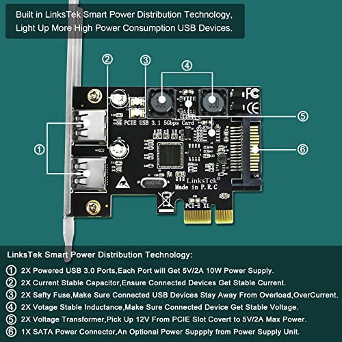 LinksTek 2-Ports PCIE USB 3.0 (USB 3.1 GEN1) 5Gbps Expansion Card for Desktop PCs, 2X 5Gbps USB-A Ports, Built in Smart Power Distribution Technology, No Need Extra Power Supply (PCIE-U302A) - Image 4