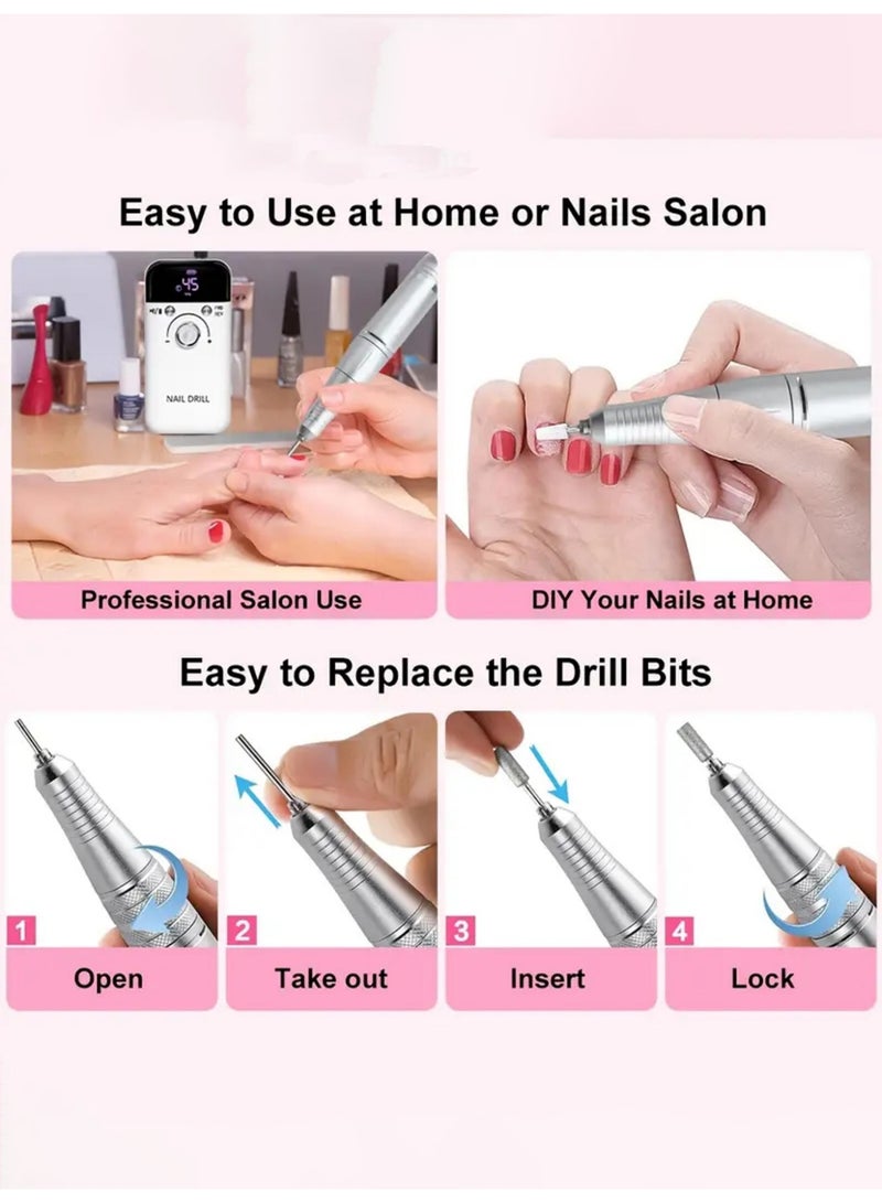 Electric Nails Drill Machine Set, Rechargeable Portable Nails Drill 45000rpm Nails Polishing Machine with Nails Drill Bits, High Speed Nail Tools for Nail Salon (V1 purple) - Image 3