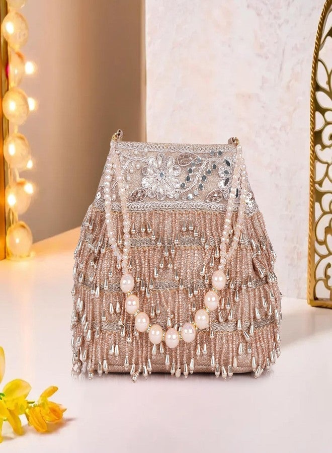 Nevis PU Silk Women’s Pearl & Bead Embellished Potli Bag with Beaded Handle | Designe Wedding & Festive Handbag - Image 2