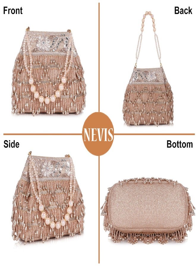 Nevis PU Silk Women’s Pearl & Bead Embellished Potli Bag with Beaded Handle | Designe Wedding & Festive Handbag - Image 4