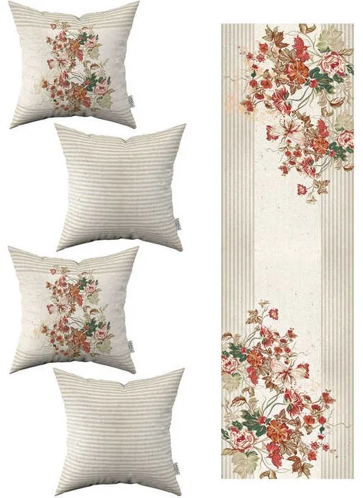 Cango Home Cream Orange Striped Flower Panel Patterned 4-Piece Throw Pillow Case 1 Runner Set 4KMBS255-RS