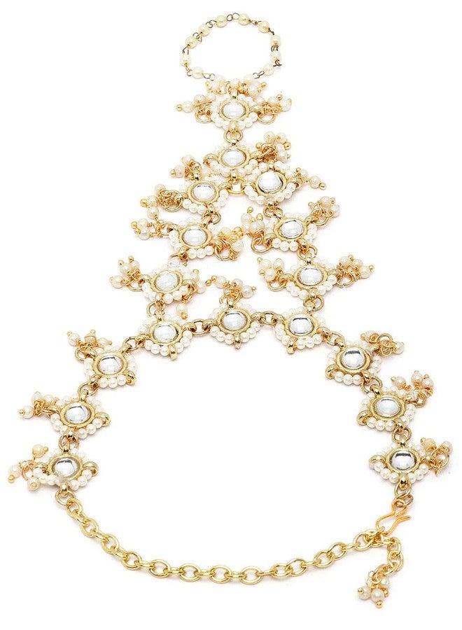 OOMPHelicious Jewellery Gold Tone Ethnic Hathphool Kundan & Pearls Bracelet with Ring For Women & Girls Stylish Latest - Image 2