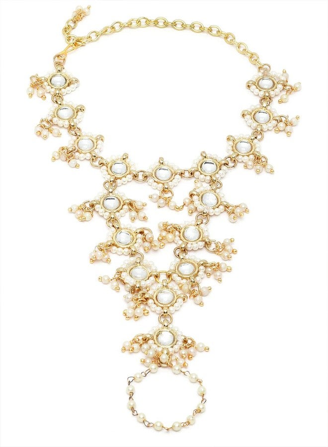 OOMPHelicious Jewellery Gold Tone Ethnic Hathphool Kundan & Pearls Bracelet with Ring For Women & Girls Stylish Latest - Image 1