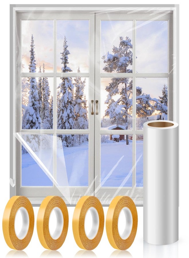 Phoncoo Window Insulation Kit, 87 × 394 Inch Plastic Window Coverings for Winter, Thicken Window Shrink Film Insulator Kit Windows Waterproof Winterizing with 3 Double-Sided Tape for 3 Pcs 7 x 9 Ft Windows - Image 1