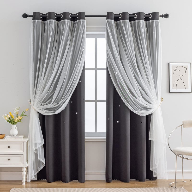 indistar Star Cutout Kids Window Blackout Curtains for Girl Bedroom Window Room Darkening Curtains & Drapes Baby Nursery Curtains (2 Panel,52Wx63L inch,Black) - Image 1