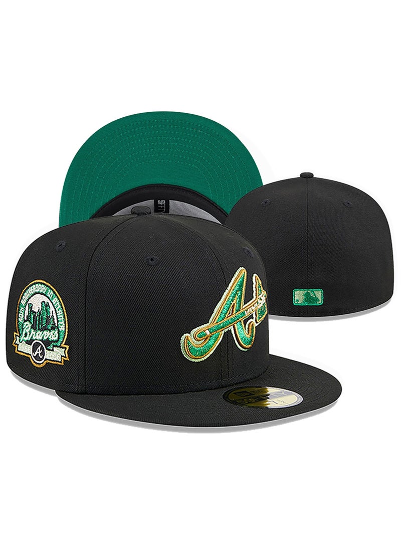 NEW ERA Atlanta Braves Black Fitted Hat - Green Logo Embroidery-59.6cm 