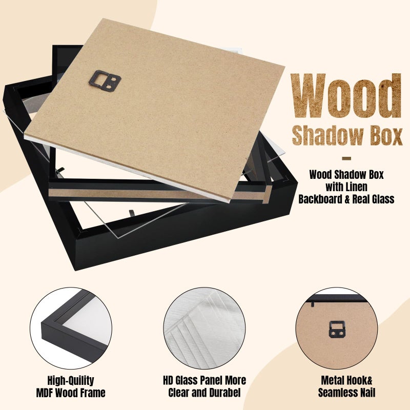 QDSSDECO 8 "" x8 "" صناديق الظل معروفة مع بيضاء ناعمة الظهر الخشب العميق زجاج ثلاثي الأبعاد مربع الجدار والطاولة 3 حزمة أسود - Image 3
