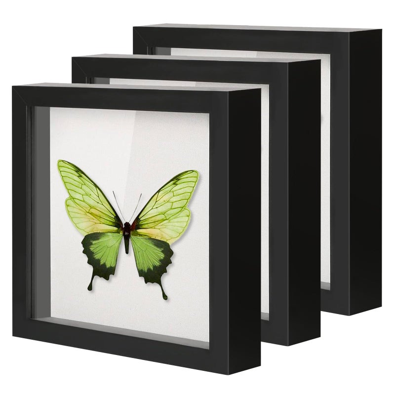QDSSDECO 8 "" x8 "" صناديق الظل معروفة مع بيضاء ناعمة الظهر الخشب العميق زجاج ثلاثي الأبعاد مربع الجدار والطاولة 3 حزمة أسود - Image 1