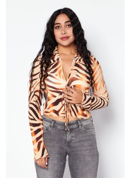 Women Spread Collar Long  Sleeves Animal Print Top, Brown Combo