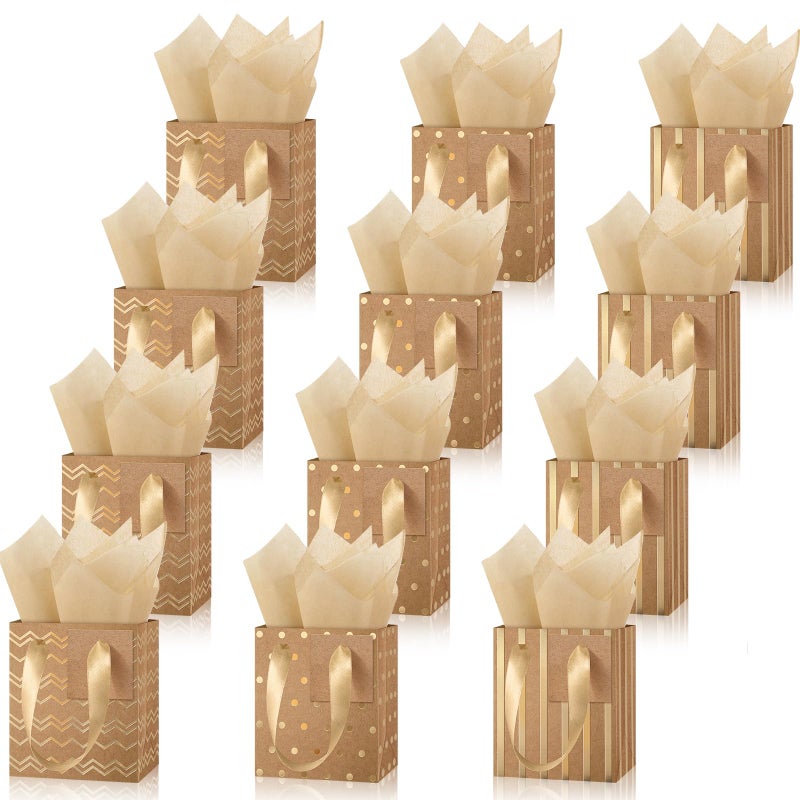 Tenare 12 Pcs Small Gift Bags Mini Metallic Paper Bag Bulk Tiny with Handle Tissue Paper for Gift Wrapping Happy Valentines Day Chinese New Year Birthday Party(4 x 2.75 x 4.5 Inch,Brown Gold) - Image 1