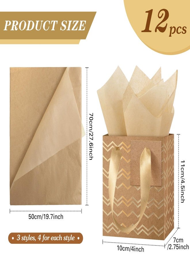 Tenare 12 Pcs Small Gift Bags Mini Metallic Paper Bag Bulk Tiny with Handle Tissue Paper for Gift Wrapping Happy Valentines Day Chinese New Year Birthday Party(4 x 2.75 x 4.5 Inch,Brown Gold) - Image 2
