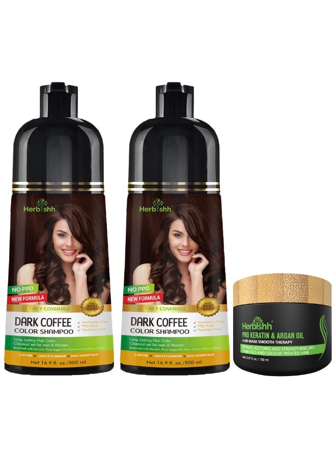 Herbishh Combo Pack - 2Pcs Dark Coffee Hair Color Shampoo 500ml + 1Pc Argan Intense Hair Mask 150ml - Image 1