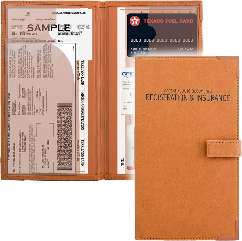PlusXpres Auto Insurance and Registration Card Holder - Vehicle Glove Box Document Organizer - Car Essential Paperwork Holder for DMV, AAA, Contact Information Cards - Premium PU Leather Wallet Case - Orange - Image 1