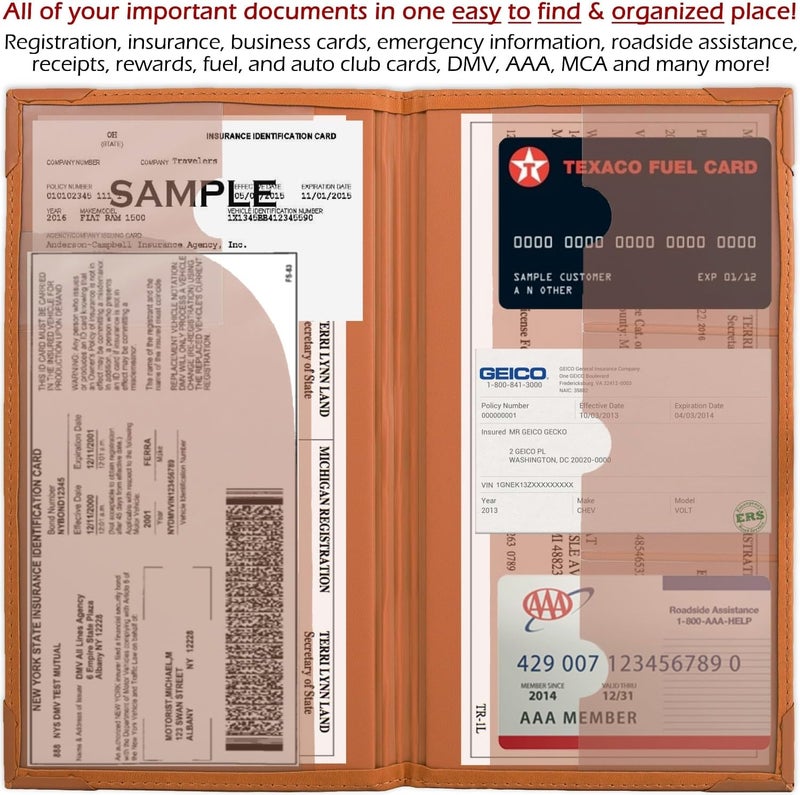 PlusXpres Auto Insurance and Registration Card Holder - Vehicle Glove Box Document Organizer - Car Essential Paperwork Holder for DMV, AAA, Contact Information Cards - Premium PU Leather Wallet Case - Orange - Image 4
