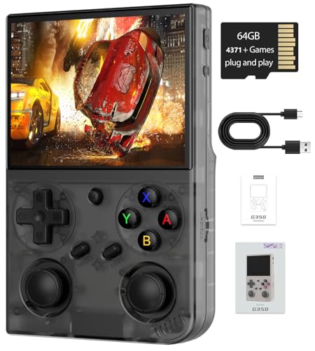 Voacle G350 Retro Handheld Game Console 35 Inch IPS Screen Linux System Builtin 64G TF Card 4371 Games Preloaded Handheld Game Console 3200mAh BatteryTransparent Black - Image 1
