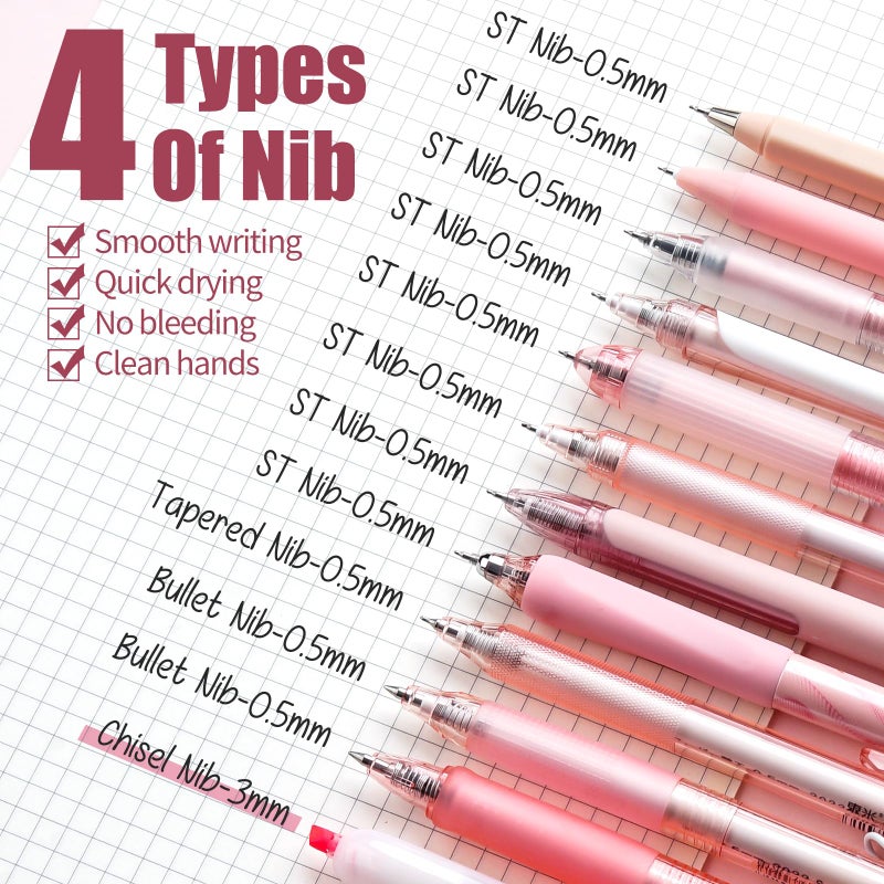 Four Candies FourCandies 12Pack Pastel Gel Ink Pen Set, Cute Note Taking 0.5mm Fine Point Retractable 11 Pack Black Ink Pens with 1Pack Highlighter for Writing, School, Office (Pink) - Image 4