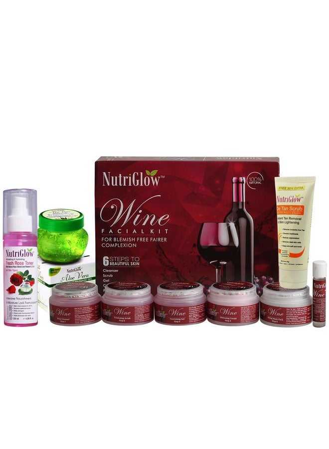 NutriGlow Wine Facial Kit (250gm + 10ml) De tan Scrub (65ml) Aloe Vera Massage Gel (100gm) & Fresh Rose Toner (120 ml) For Remove Blackheads, Remove Sun Tan, Dark Spot, Pack of 4 - Image 1