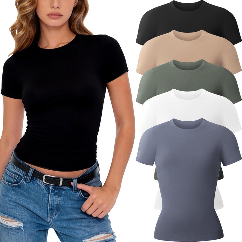 CE' CERDR 3/5 Pack Womens T Shirts Crew Neck Short Sleeve Shirts for Women Casual Basic Tees Fitted Stretchy Layering Tops - Image 1