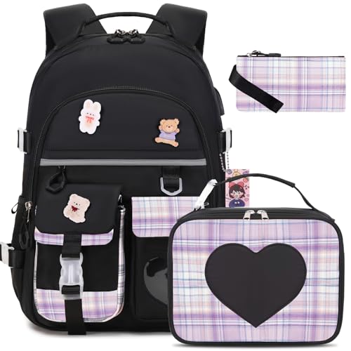 ACESAK Backpack for Girls Bookbag Backpacks Schoolbag for Girls Kids Teen Women Casual Travel Daypacks School Bag Elementary Middle School College Cute Backpack with Lunch Box Black Purple - Image 1