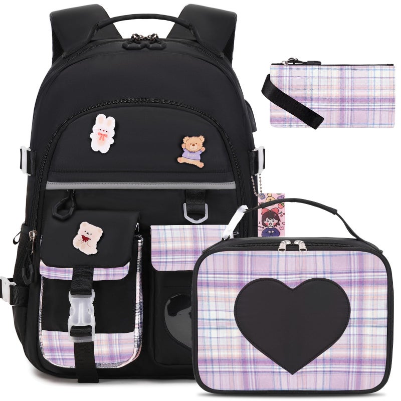 ACESAK Backpack for Girls Bookbag Backpacks Schoolbag for Girls Kids Teen Women Casual Travel Daypacks School Bag Elementary Middle School College Cute Backpack with Lunch Box Black Purple - Image 2