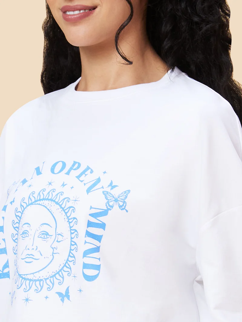 globus Women White Typography Printed Pure Cotton Pullover