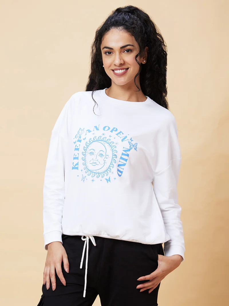 globus Women White Typography Printed Pure Cotton Pullover