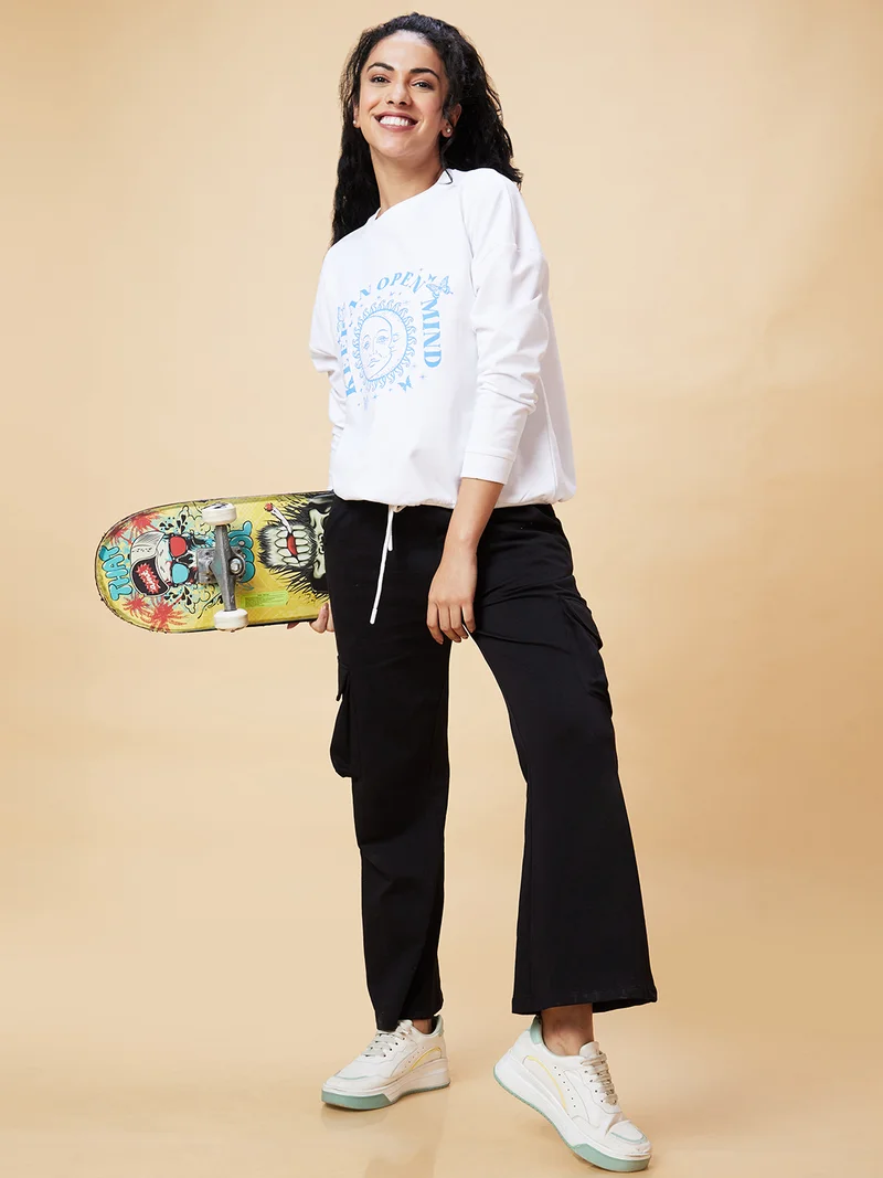 globus Women White Typography Printed Pure Cotton Pullover